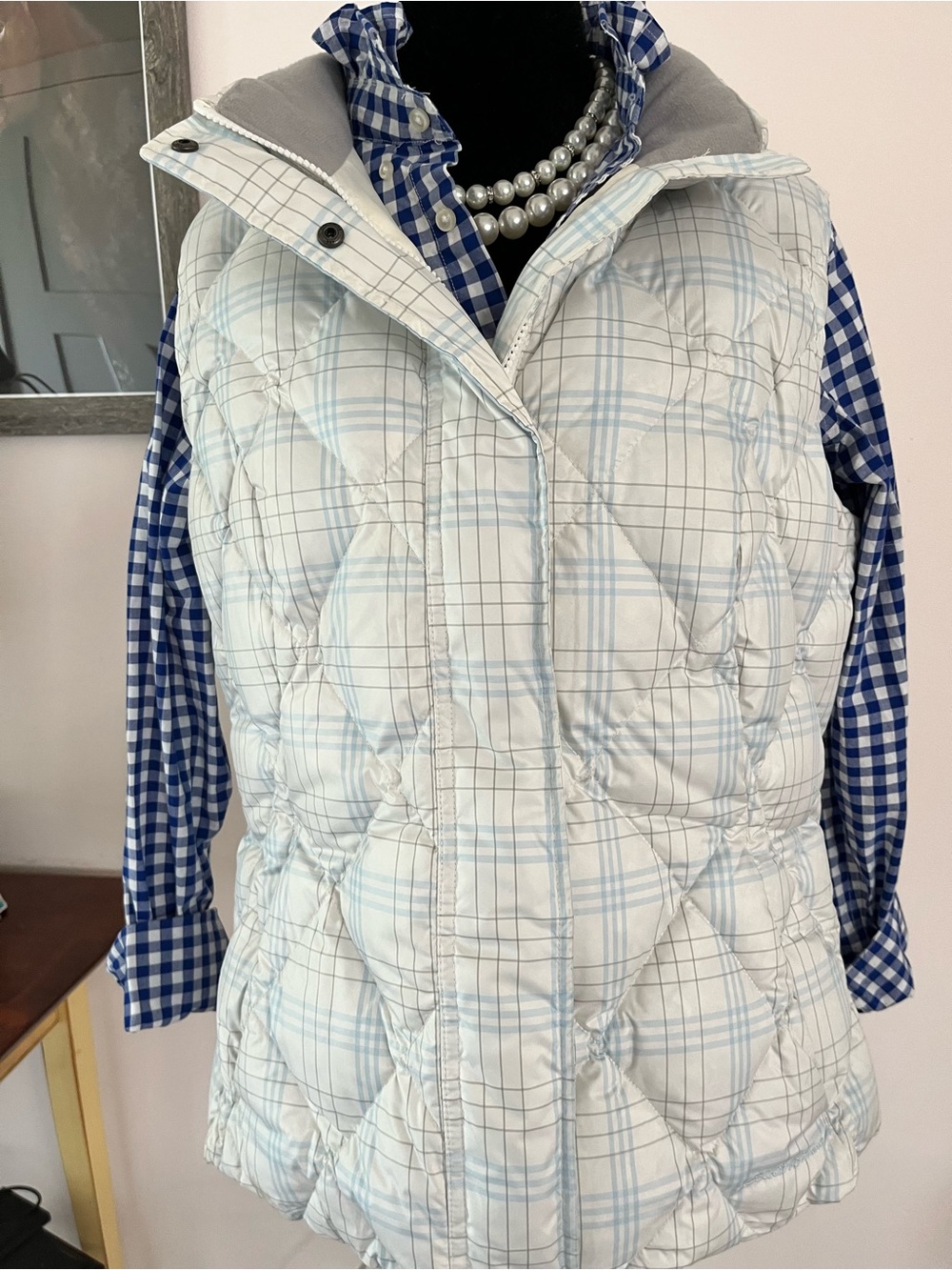 Eddie Bauer Light Blue and White Plaid Quilted Vest